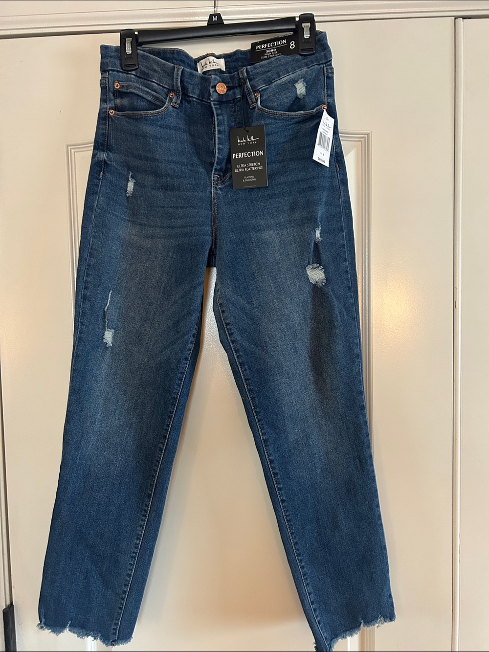 Perfection Women's Straight-Leg Jeans in Dark Blue with Distressed Details